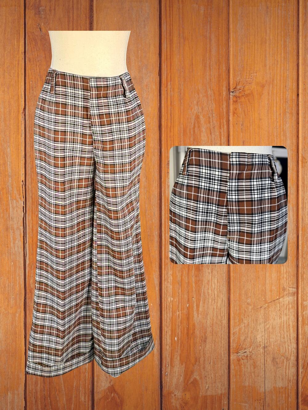 Vintage 70s Lucky Britches Plaid Wide Leg Pants Brown White Trousers Size 26X34